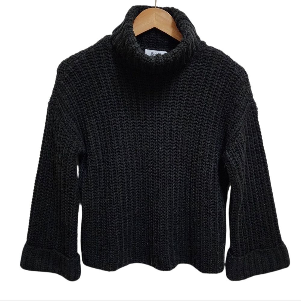 525 America Sweater Women XS Black Vida Shaker Knit Turtleneck Bell Slv Relaxed